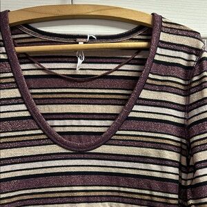 Free People Surprise Party Striped Tee Ruffle Sleeve Low Cut Purple Gold